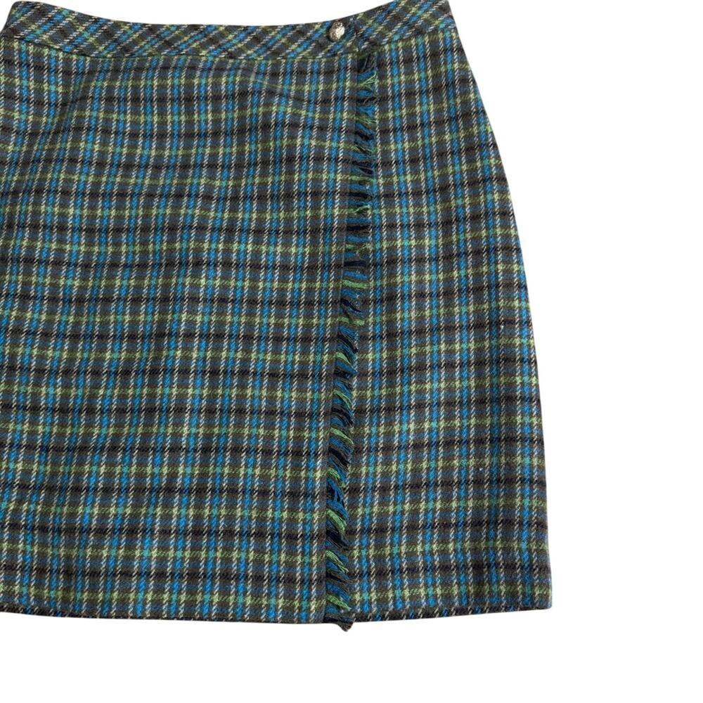 Talbots A-Line Plaid Fringe Wrap Skirt Green Blue Size 8 - Picture 5 of 9